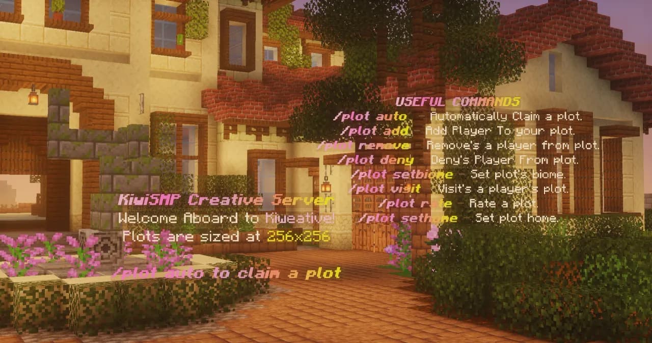 The KiwiSMP Creative spawn with a list of useful plot commands and the 256x256 plot size