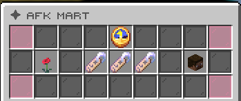 The AFK Mart shop menu with suffix name tags and a player head for sale