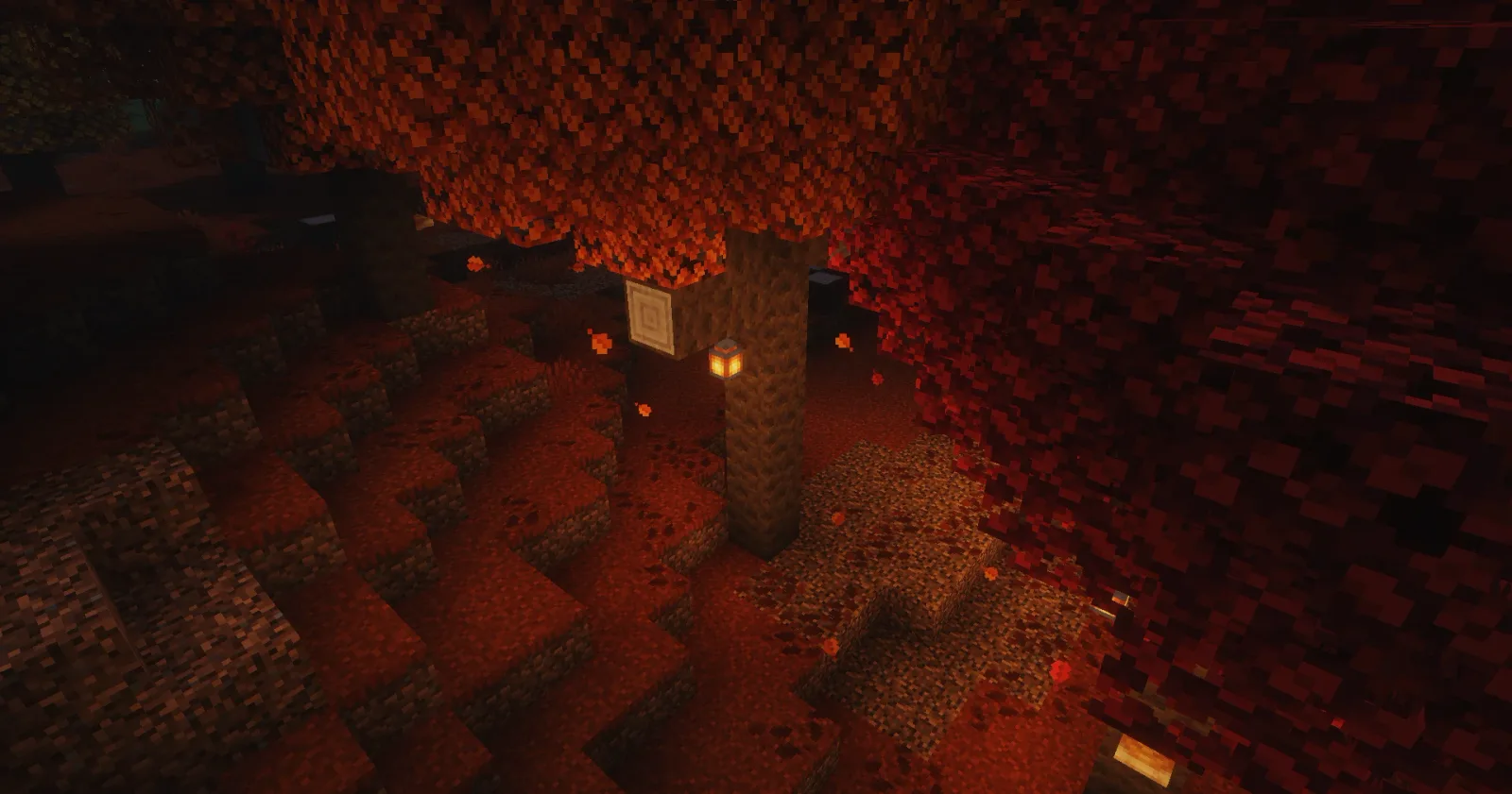 A lantern hanging from a poplar tree under red leaves in the Dappled Forest at night