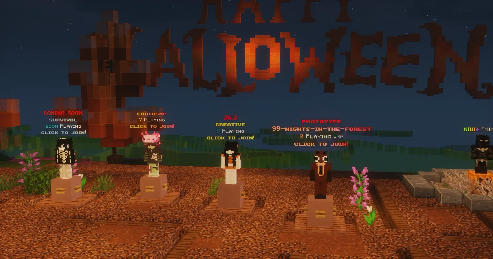The KiwiSMP Halloween lobby with a giant Happy Halloween sign and NPCs for each server