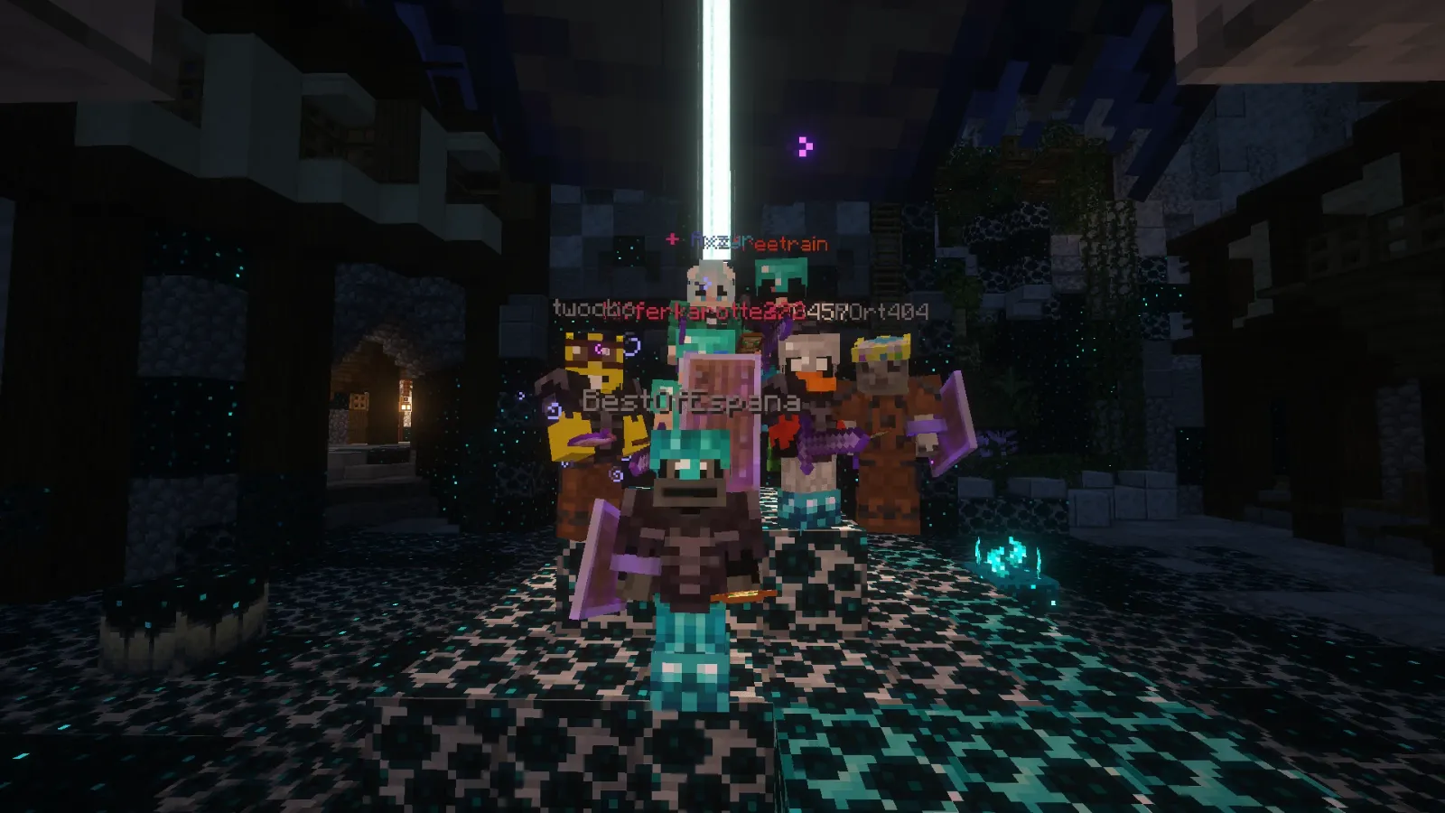 A group of KiwiSMP players with swords and shields in a dark sculk-covered arena