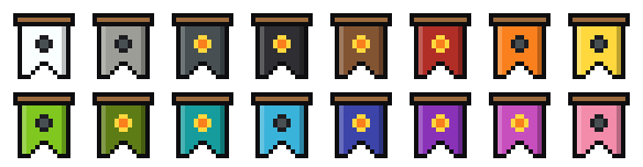 The 16 clan banner icons, one for each Minecraft dye colour