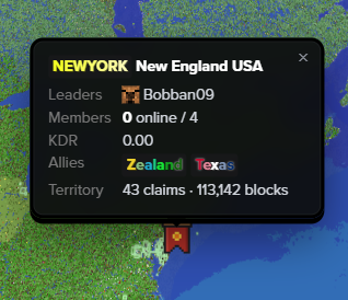 A clan card for NEWYORK showing its leader, members, KDR, allies and 43 claims